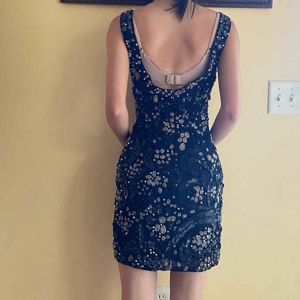 Vintage Black Beaded Floral Scoop-Neck Mini Dress - Picture 3 of 9